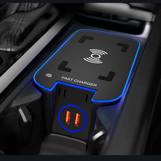 Image alt text: A sleek black wireless car battery charger designed for Volvo XC60, XC90, V90, and S90 models.