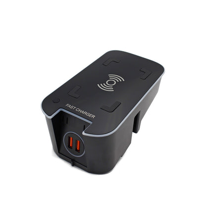 Image alt text: A sleek black wireless car battery charger designed for Volvo XC60, XC90, V90, and S90 models.