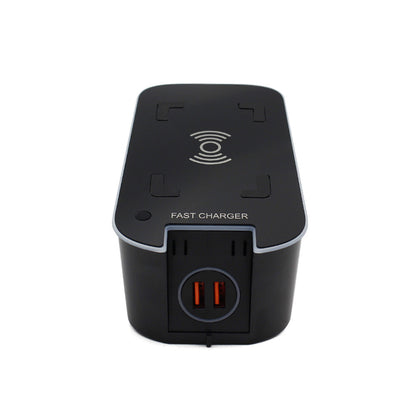 Image alt text: A sleek black wireless car battery charger designed for Volvo XC60, XC90, V90, and S90 models.