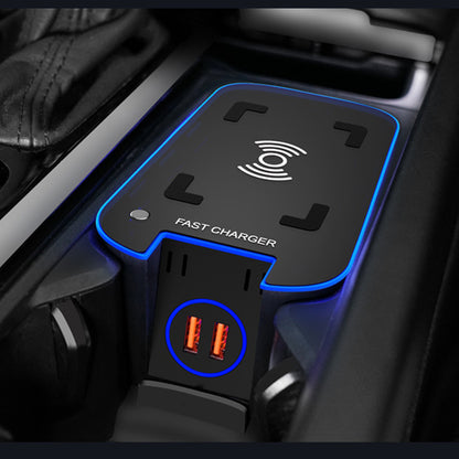 Image alt text: A sleek black wireless car battery charger designed for Volvo XC60, XC90, V90, and S90 models.