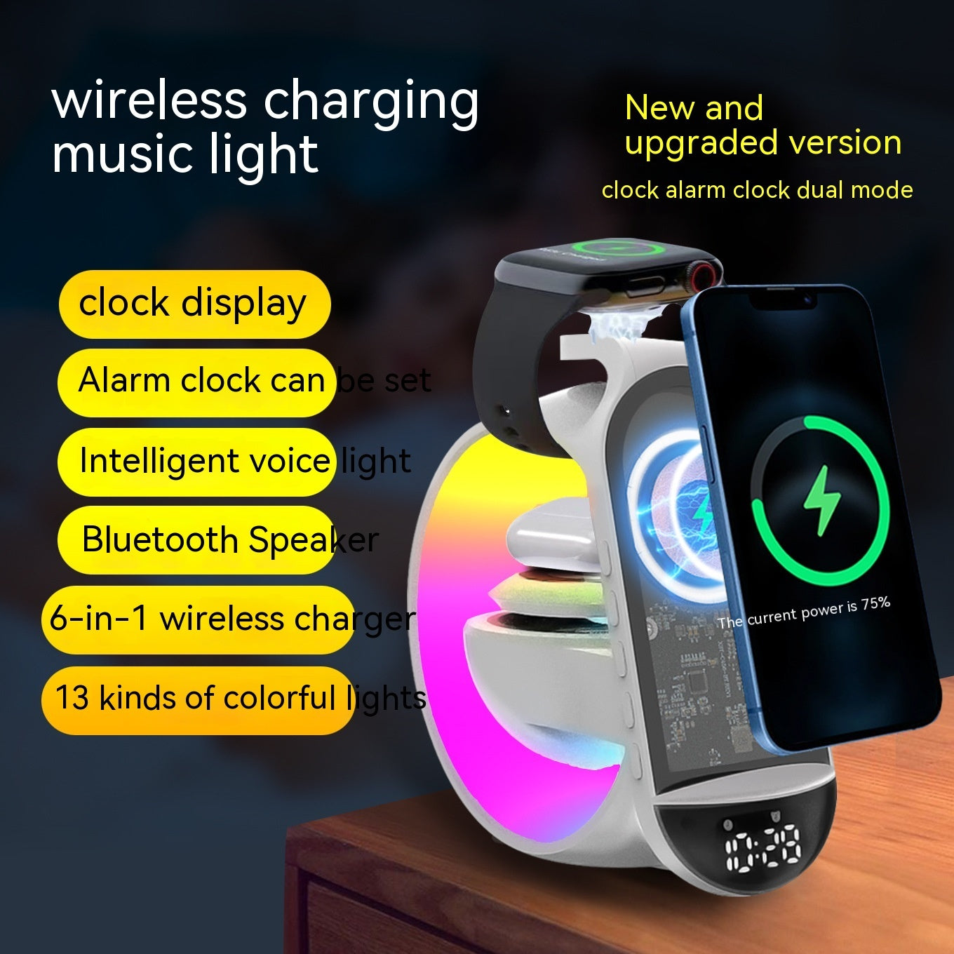 A Bluetooth Speaker Six-in-one Wireless Charger Large G Ambience Light Alarm Clock Microphone Audio